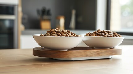 Two white ceramic bowls on a wooden tray filled with almonds and almond pods on a kitchen counter.