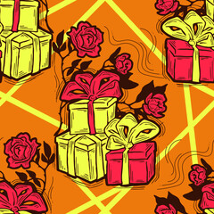 Gift box, ribbon and flowers seamless vector pattern for wrapping present with bow, party celebration, sale promotion, Textile print, fabric design, banner background. Hand drawn style illustration.