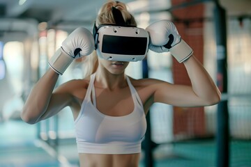 Blonde woman in white sports outfit using VR headset for boxing lesson. Concept Virtual Reality Training, Fitness Technology, Blonde Woman, White Sports Outfit, Boxing Lesson - obrazy, fototapety, plakaty