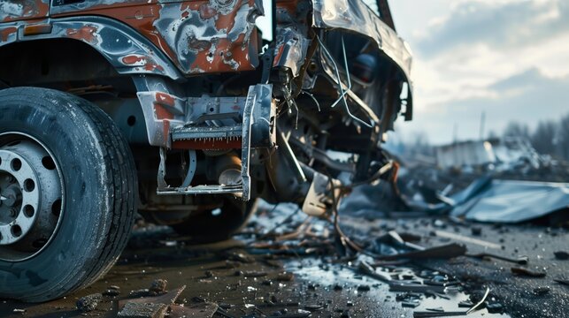 High-resolution image of heavily damaged vehicles in a post-collision scene, amidst debris.