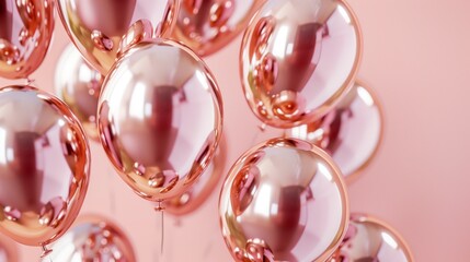 Glossy rose gold balloons on a soft pink background, creating an elegant festive atmosphere.