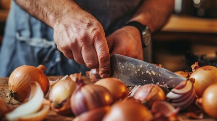 Close-up image of a person's hands chopping onions on a wooden board in a kitchen.