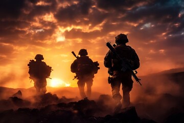 Silhouette of military soldiers with weapons dark background. Law and military concept. High quality photo