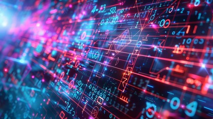 Vibrant digital seamless mathematical formulas: abstract futuristic background with math & physics symbols, mesh network grid - 3d illustration in 4k science concept