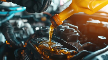 Oiling an engine with oil, shown in closeup as yellow light liquid is poured into a car's hood