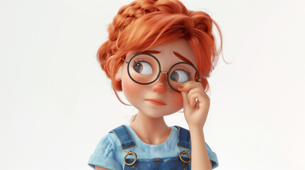 Portrait of pensive cute casual kawaii smiling funny red haired cartoon girl in glasses wears blue overalls touches her chin with hand, thinking expression over decision. 3d render