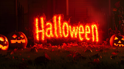 Glowing Halloween Light Display with Carved Pumpkins and Red Leaves