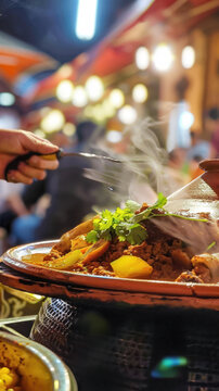 Seductive Tagine in Moroccan Market, Culinary World Tour, Food and Street Food