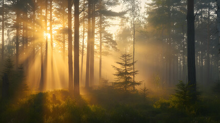Misty Forest Sunrise with Golden Sun Rays Through Trees