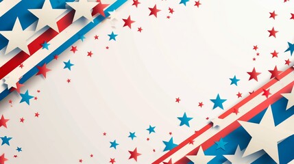 A patriotic themed banner with large and small stars in red, blue, and white with diagonally striped ribbons.
