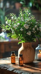A wooden vase of white flowers sits on a wooden table. There are two brown bottles of essential oil next to it.
