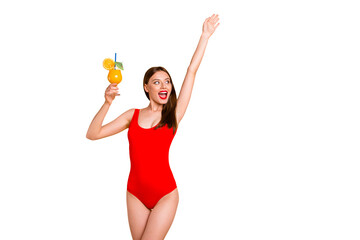 Hi hello! Club bar cafe restaurant tourism fun joy enjoy concept. Photo portrait of beautiful pretty attractive screaming lady holding beverage in hand looking away isolated bright shiny background