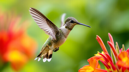 Fototapeta premium Hummingbird in Flight Approaching Colorful Flowers