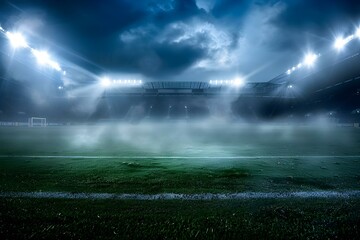 Dramatic Sports Atmosphere at Nighttime Soccer Stadium with Illuminated Spotlights. Concept Sports Photography, Nighttime Atmosphere, Soccer Stadium, Illuminated Spotlights