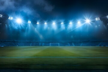 Dramatic nighttime soccer stadium illuminated by spotlights, creating an exciting sports atmosphere under a dark sky. Concept Nighttime Sports, Stadium Lighting, Dramatic Atmosphere, Soccer Match