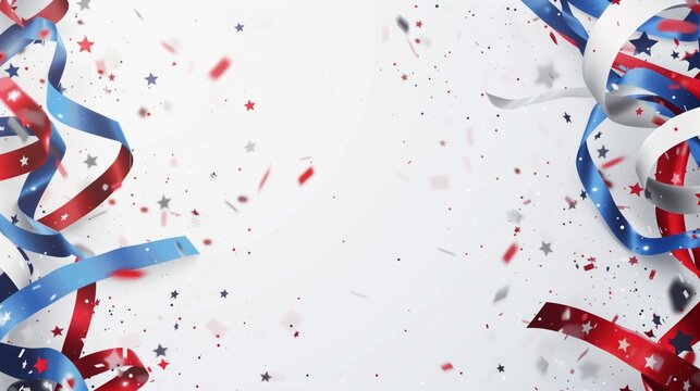 Festive background with swirling red and blue ribbons, white stars, and confetti on a light backdrop