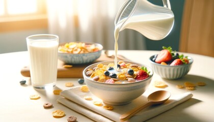 Pouring Milk into Bowl of Cereal with Fresh Berries
 - Powered by Adobe