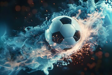 Futuristic soccer ball exploding in white and black with neon glow. Concept Sports, Technology, Neon Lights, Explosion, Futuristic Design