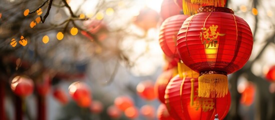 Chinese New Year, red lanterns hanging in the street with a blurred background, sunlight, and a festive atmosphere