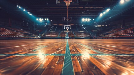 Empty basketball court in a large indoor arena, with a shining wooden floor and illuminated stands.