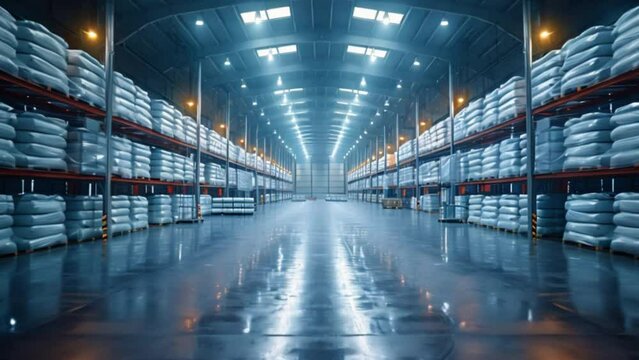 White bags and high storage racks in large warehouse.