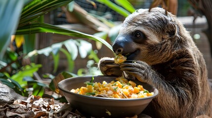 Sloth Eating Papaya in a Tropical Habitat