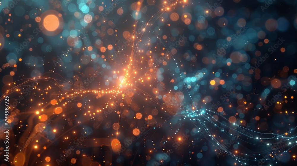 Poster glowing orange and blue particle waves interweaving in dynamic abstract background - vibrant vector 