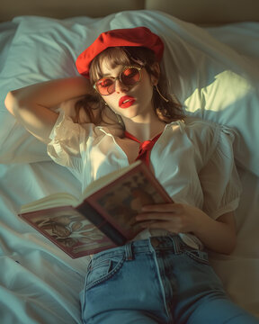 girl in a red  french beret and sunglasses lying on a bed reading a book, with red lips, wearing a white shirt with a scarf or tie and blue jeans, in natural light