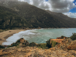 Landscape with Plage de Bussaglia and Calanques de Piana, Corsica island, France