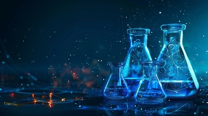 Glowing low polygonal beakers and petri dish creating a futuristic science background on dark blue surface - abstract laboratory concept