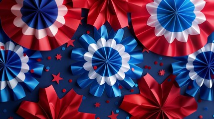 A patriotic display of paper rosettes in red, white, and blue with scattered stars, resembling American flag colors.