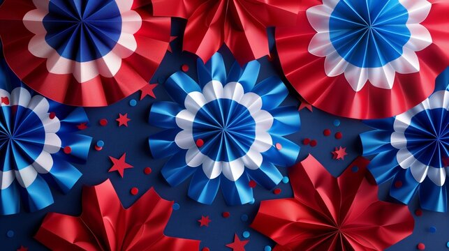 A patriotic display of paper rosettes in red, white, and blue with scattered stars, resembling American flag colors.