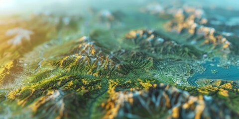 A highly detailed miniature landscape portraying a sunlit mountain range with rivers and greenery.