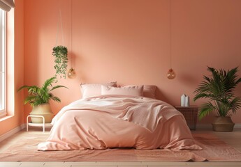 2025's trendy pastel peach fuzz bedroom features Panton furniture in a luxurious modern interior. Empty wall for art in 3D render