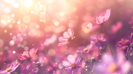 A mystical display of pink cosmos flowers amid sparkling bokeh lights, evoking a serene, dreamlike...