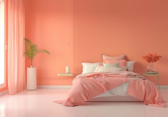 2025's trendy pastel peach fuzz bedroom features Panton furniture in a luxurious modern interior. Empty wall for art in 3D render