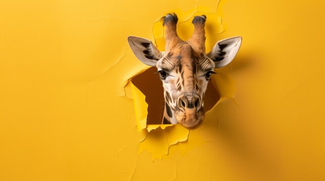 A giraffe head poking through a torn yellow paper background, creating a playful and intriguing image.