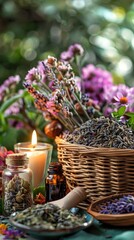 wicker basket overflowing with essential oils, dried herbs, and a candle, showcasing variety and abundance
