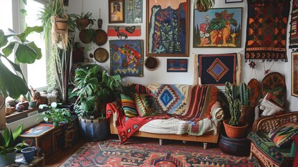 Artistic bohemian interiors with gallery walls, macrame, and eclectic furniture. - obrazy, fototapety, plakaty