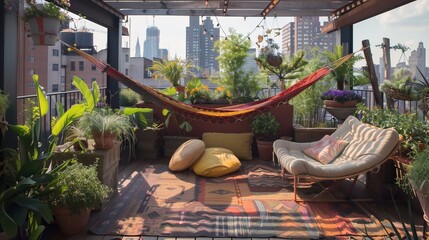 Bohemian chic rooftop garden with hammocks, floor cushions, and eclectic planters.