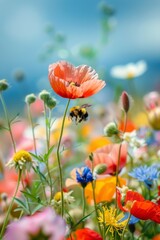 Obraz premium A macro shot of a single wildflower with a bee nestled in its center, collecting pollen