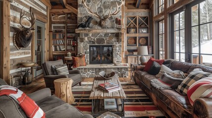 Cabin chic with cozy textiles, antler decor, and stone accents.