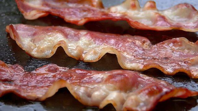 Fried strips of bacon are roasting of the stone surface of the flat grill outdoors
