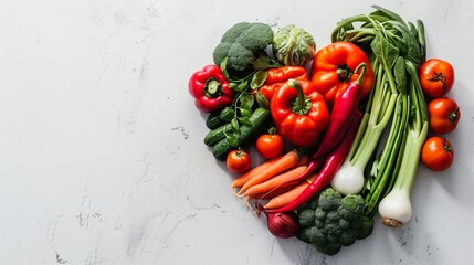 An array of fresh vegetables arranged on a textured white background, vibrant and colorful.