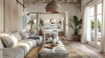 Coastal-inspired interiors with nautical elements, light colors, and natural textures.