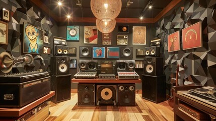 Professional music listening room with vintage records and modern sound equipment