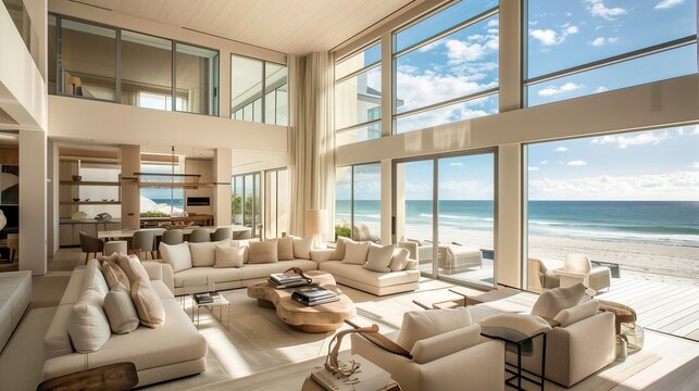 Coastal contemporary beachfront villa with floor-to-ceiling windows, neutral tones, and beach-inspired decor. - Powered by Adobe