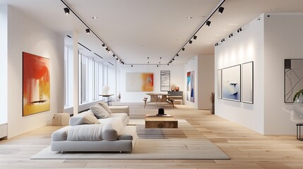 Contemporary art gallery-inspired living room with white walls, track lighting, and minimalist furnishings.