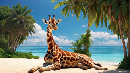 A giraffe is sitting on a beach in a lounge chair.

