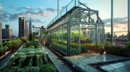 Contemporary urban rooftop greenhouse with hydroponic growing systems, glass walls, and sustainable...